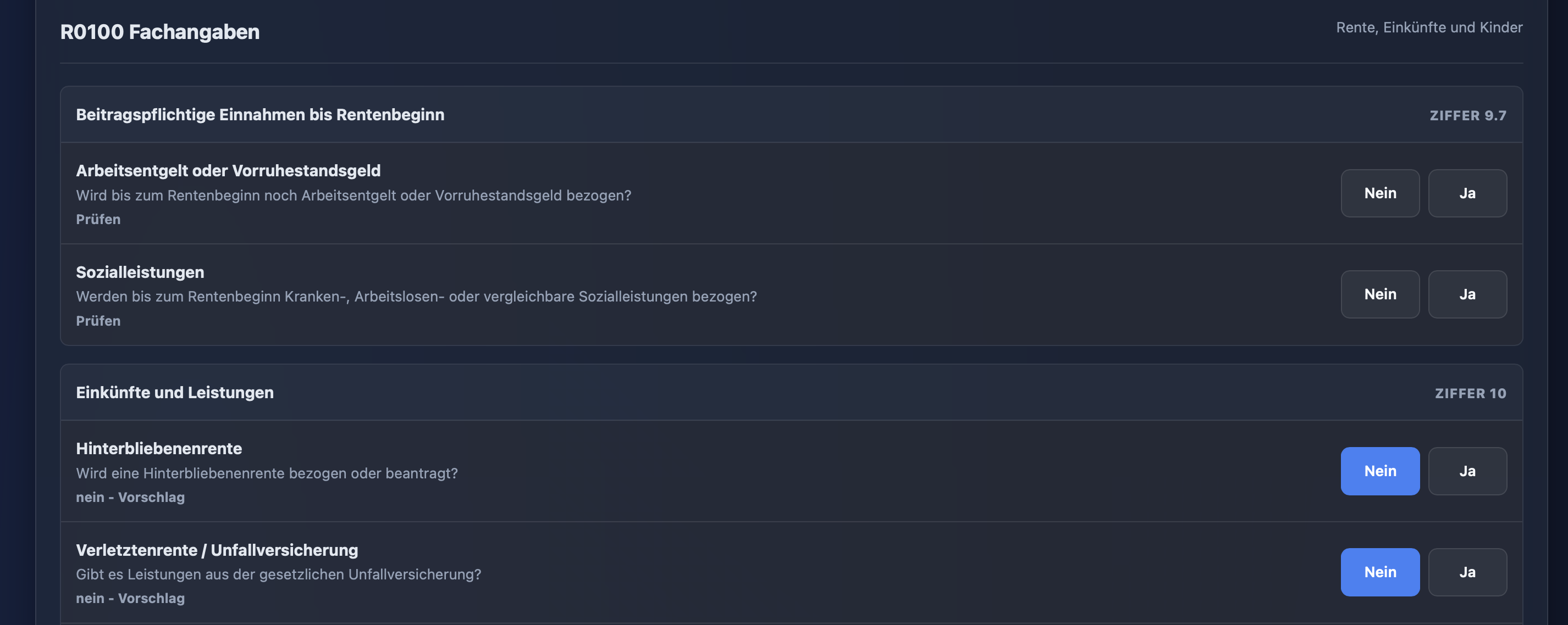 Detailansicht der Feldprüfung mit KI-Vorschlag und Ja-Nein-Entscheidung in der Die Renten App.